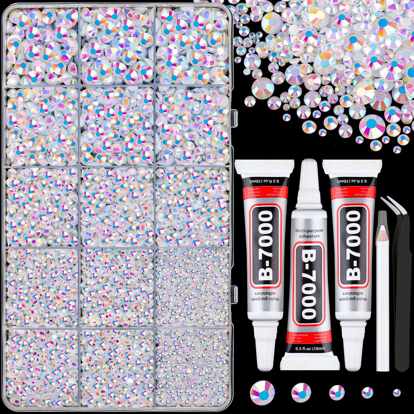 18000Pcs Resin Jelly Rhinestones for Crafting, Multicolor 3mm Flatback Rainbow Gems, Bedazzling Crystal with 3Pcs 10ml B7000 Jewelry Glue for DIY Crafts Clothing Shoes Nail Art