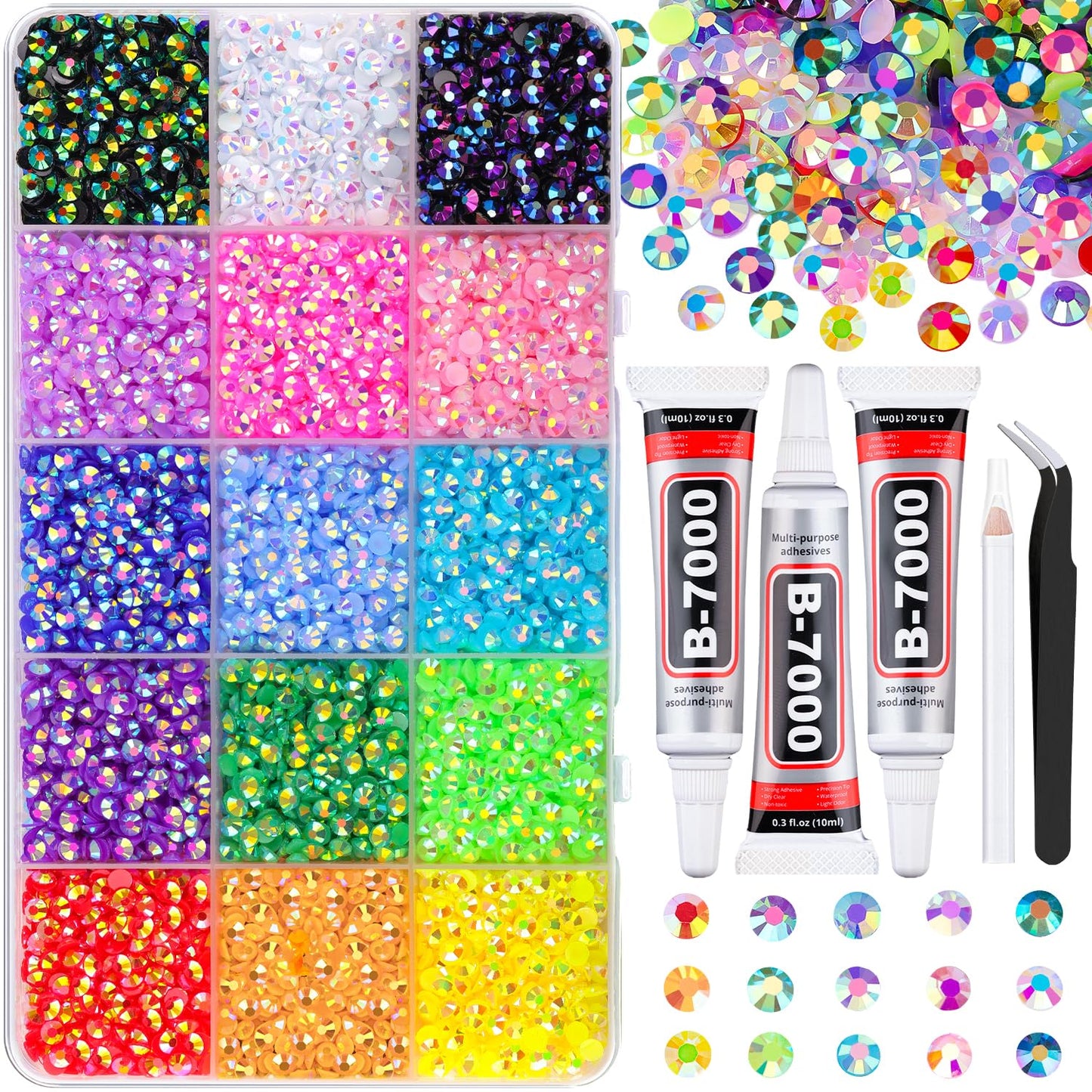 18000Pcs Resin Jelly Rhinestones for Crafting, Multicolor 3mm Flatback Rainbow Gems, Bedazzling Crystal with 3Pcs 10ml B7000 Jewelry Glue for DIY Crafts Clothing Shoes Nail Art