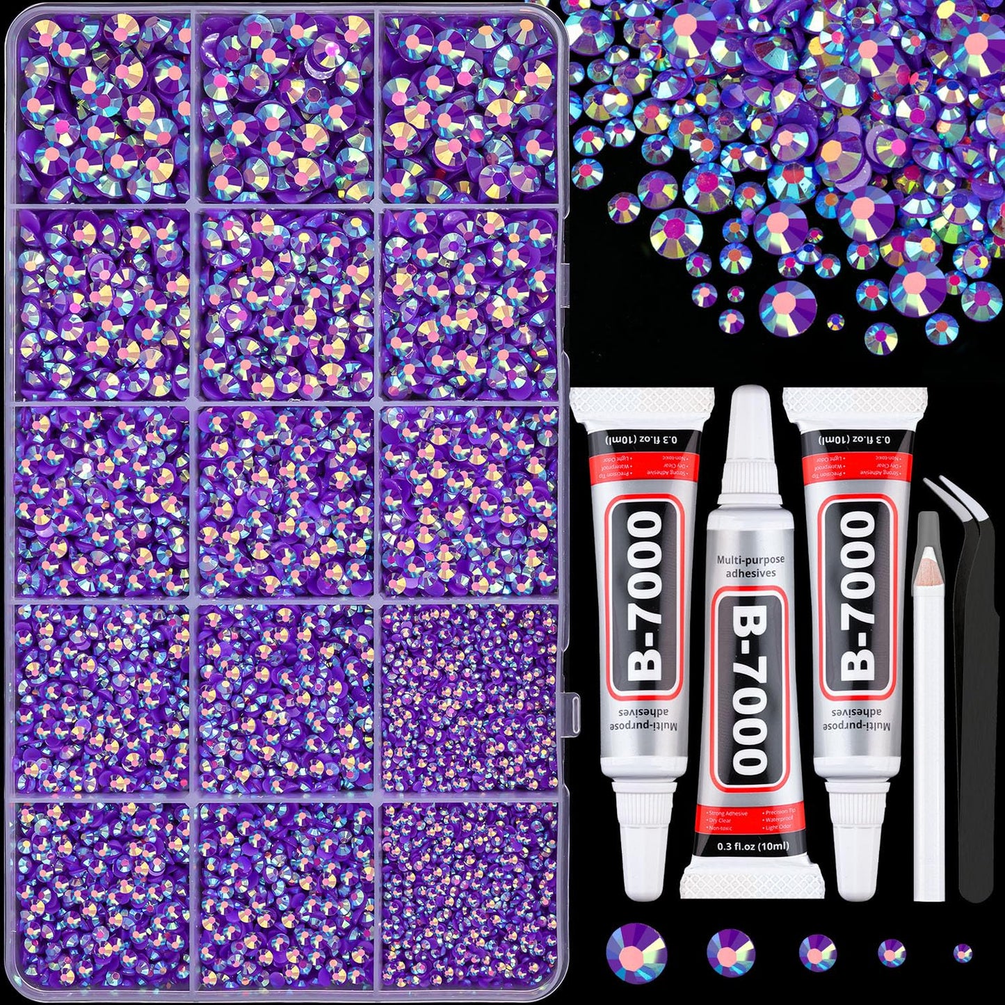 18000Pcs Resin Jelly Rhinestones for Crafting, Multicolor 3mm Flatback Rainbow Gems, Bedazzling Crystal with 3Pcs 10ml B7000 Jewelry Glue for DIY Crafts Clothing Shoes Nail Art