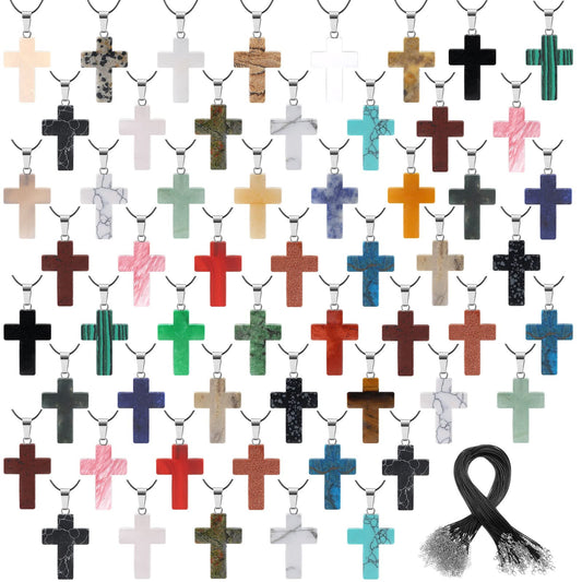 100 Pcs Assorted Colors Natural Stone Cross Gemstone Pendant Charms with 100 Pcs Ropes Cross Quartz Crystal Chakra Charms Cross Charms for Jewelry Making Necklace Earring Bracelet DIY Crafts