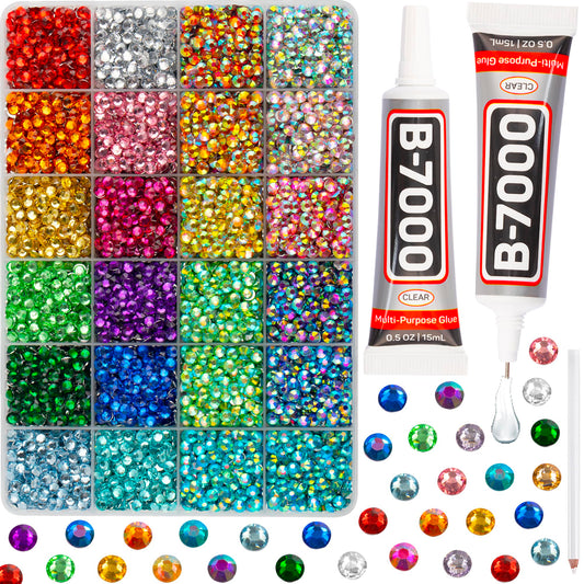 10000Pcs Multicolored Rhinestones for Crafts with b7000 Gem Glue for Clothes Clothing, Flatback Rainbow Colored Rinestones Crystals Diamonds for Fabric Shoes, Flat Back Multi Colorful Gemstones 5mm