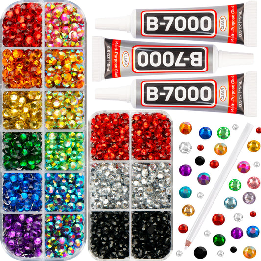 7500Pcs Rainbow Colored Rhinestones with b7000 Glue for Crafts Clothing Fabric Clothes Tumblers, Bedazzler kit with Assorted Multi Color Flatback Crafting Jewels Gems,Colorful Crystals Gemstones 2-5mm